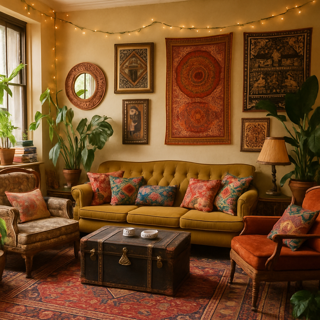 Cozy boho living room with vintage rugs and mismatched textiles