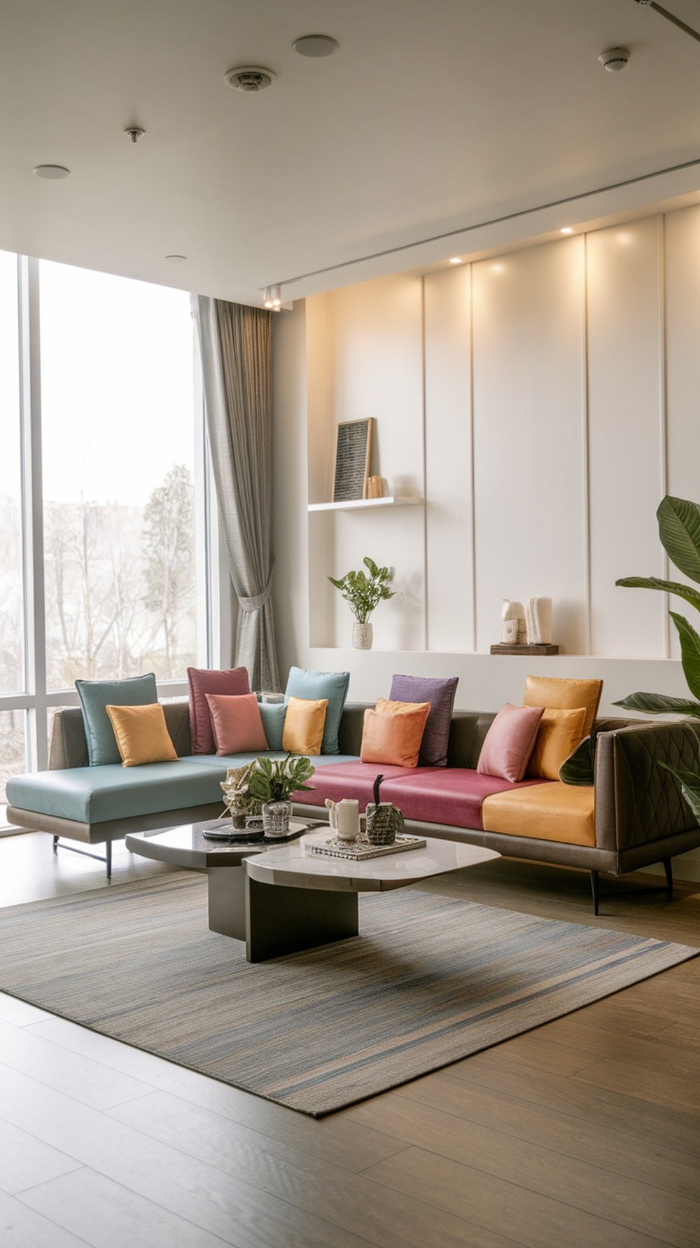 A stylish L-shaped sofa with colorful cushions in a modern living room setting.