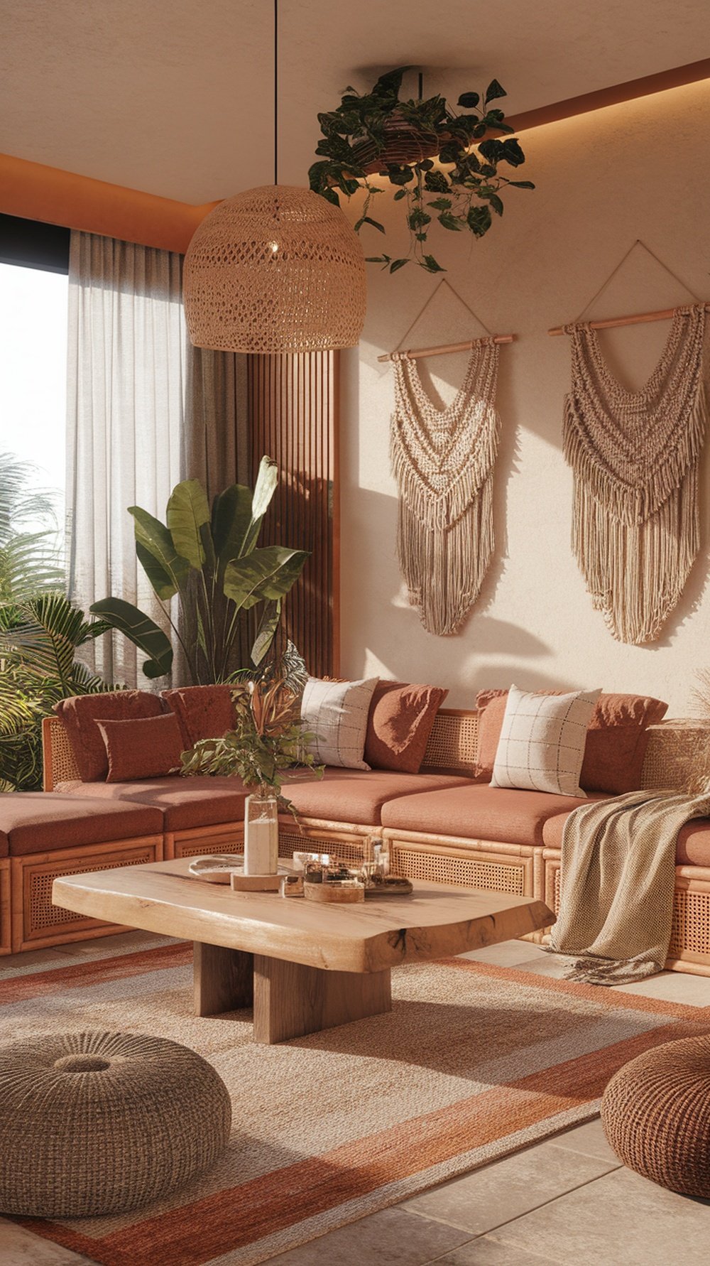A cozy living room with a neutral sofa, wooden coffee table, plants, and warm lighting.