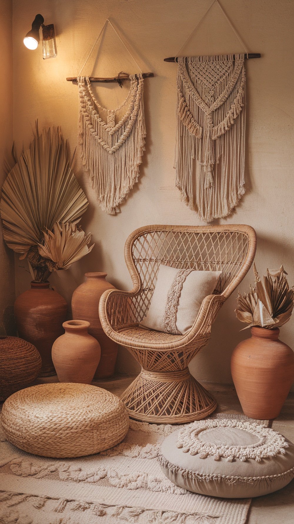 A rustic boho living room corner with macramé wall hangings and colorful floor cushions.