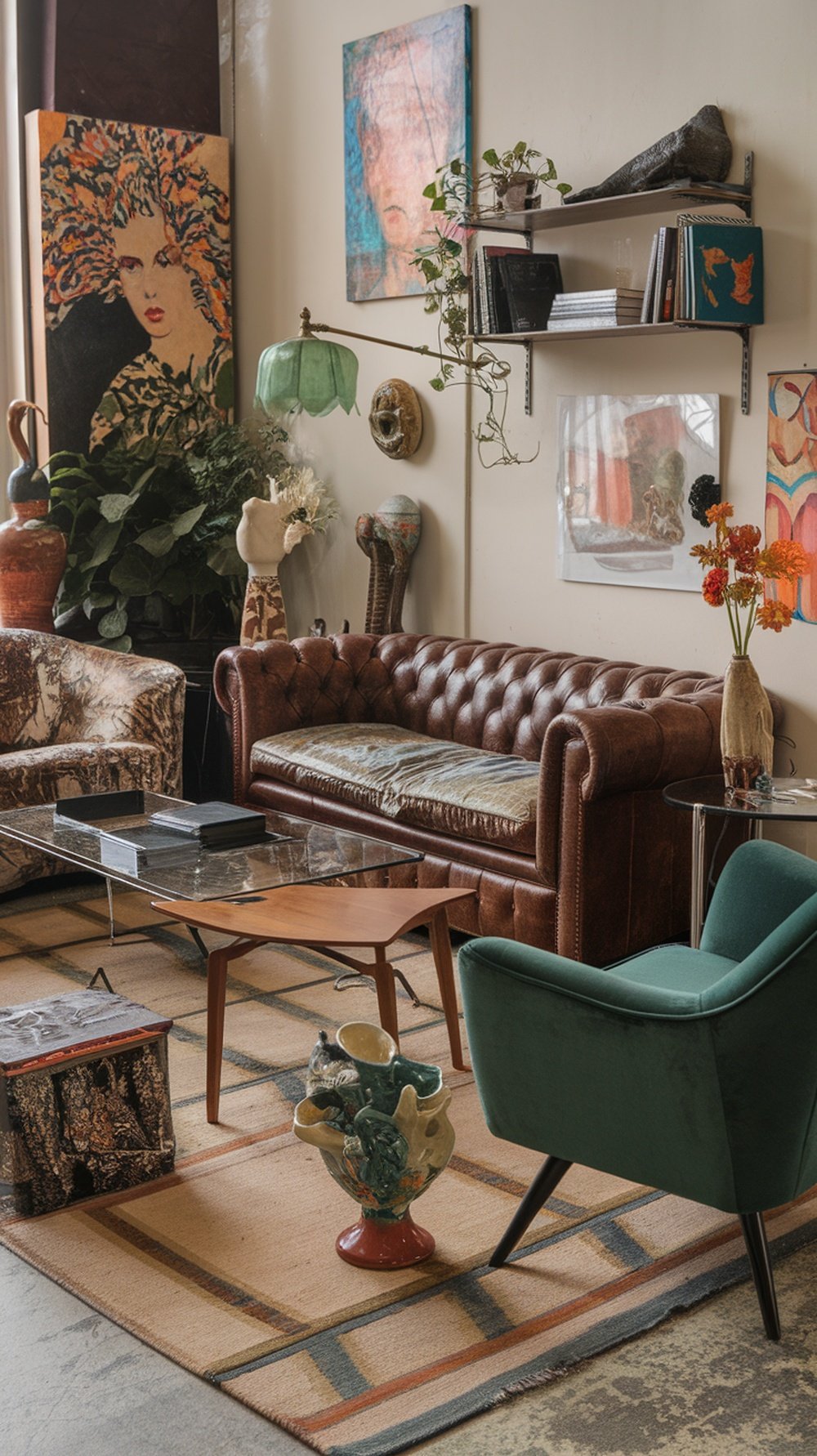 A cozy living room featuring a brown leather sofa, a patterned armchair, a modern coffee table, and colorful artwork on the walls.