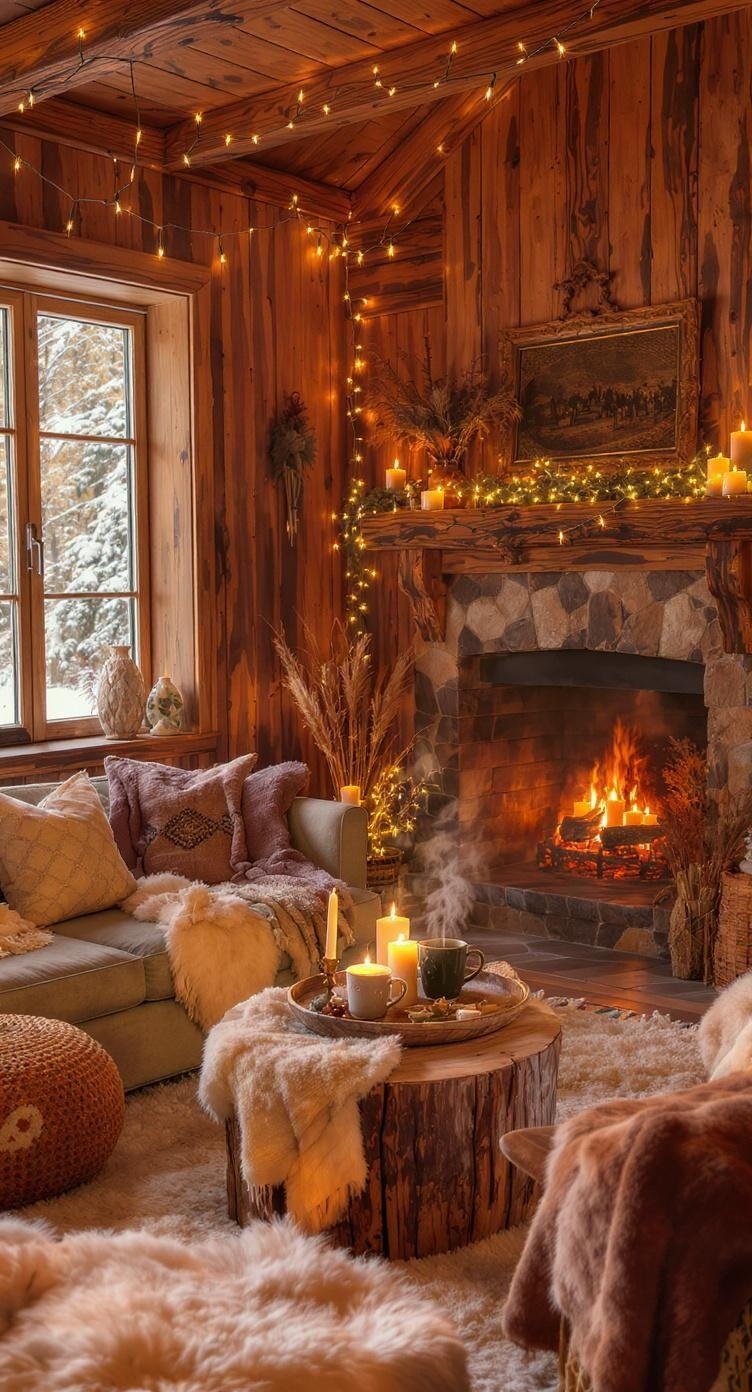 Cozy winter boho living room with fur rugs, warm hues, and wood details.