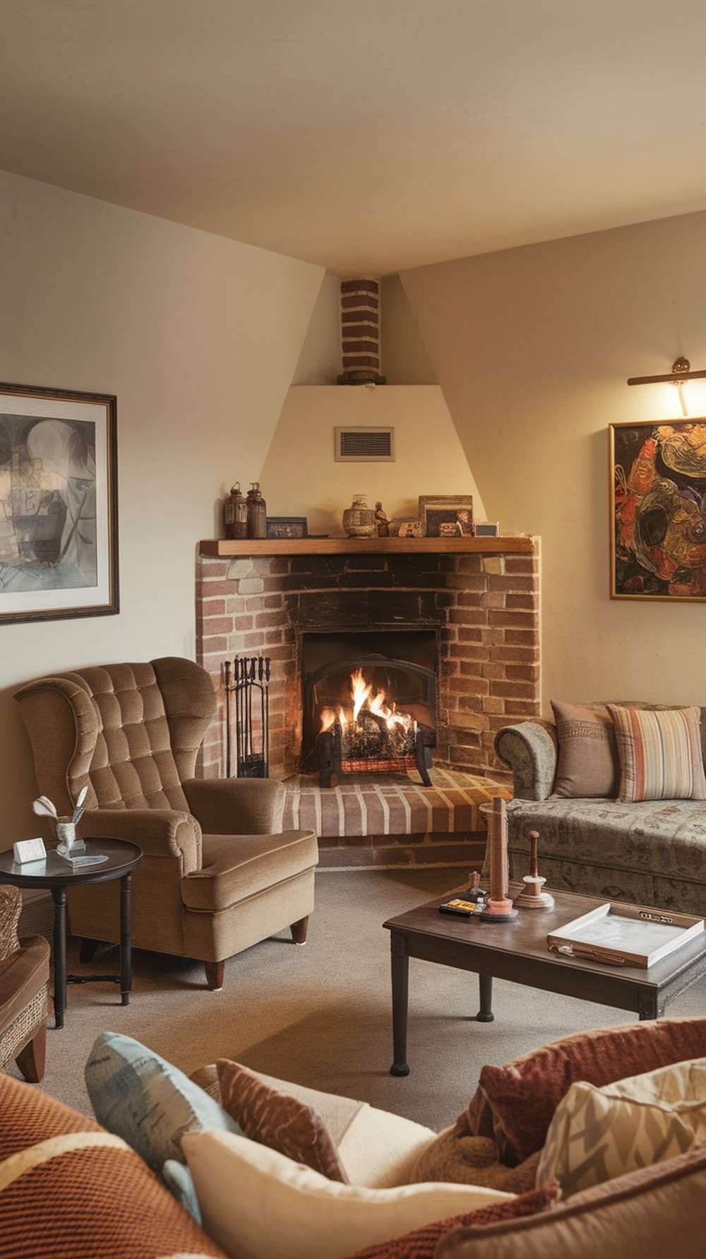 Cozy living room with a corner fireplace, featuring comfortable seating and a warm atmosphere.