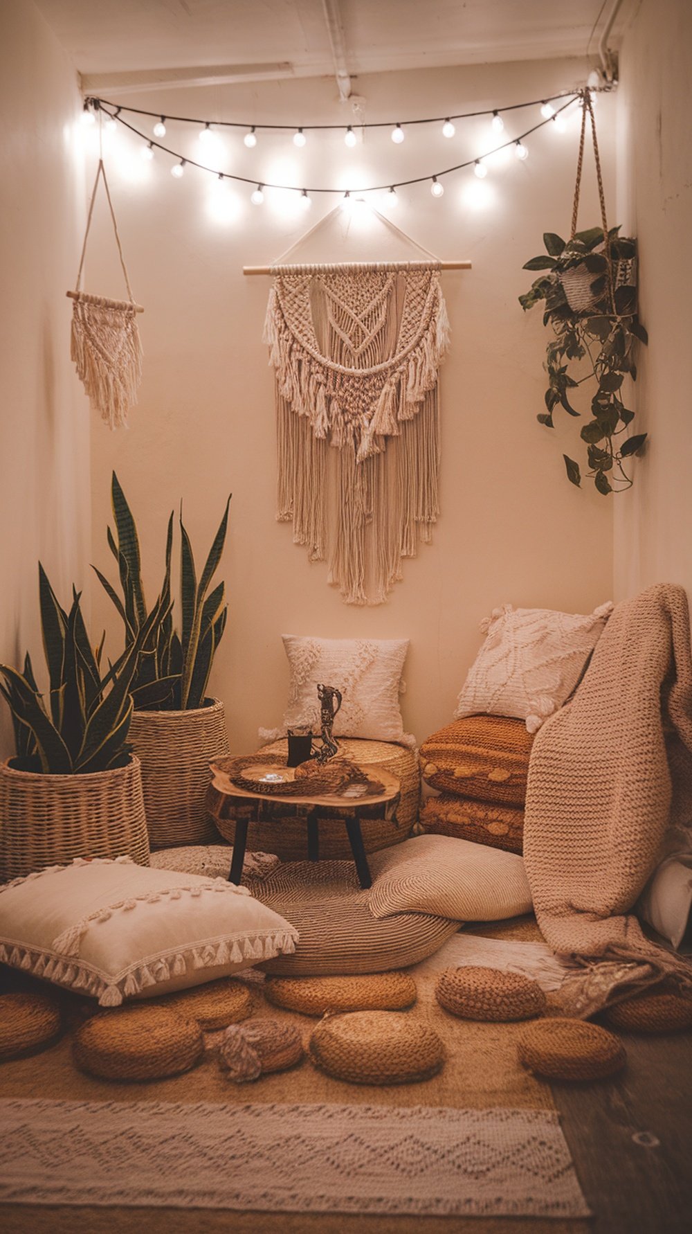 A cozy boho nook featuring hanging plants and fairy lights