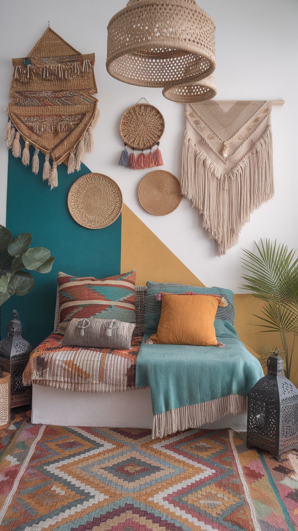 Cozy boho living room with colorful Moroccan pillows and woven wall art.