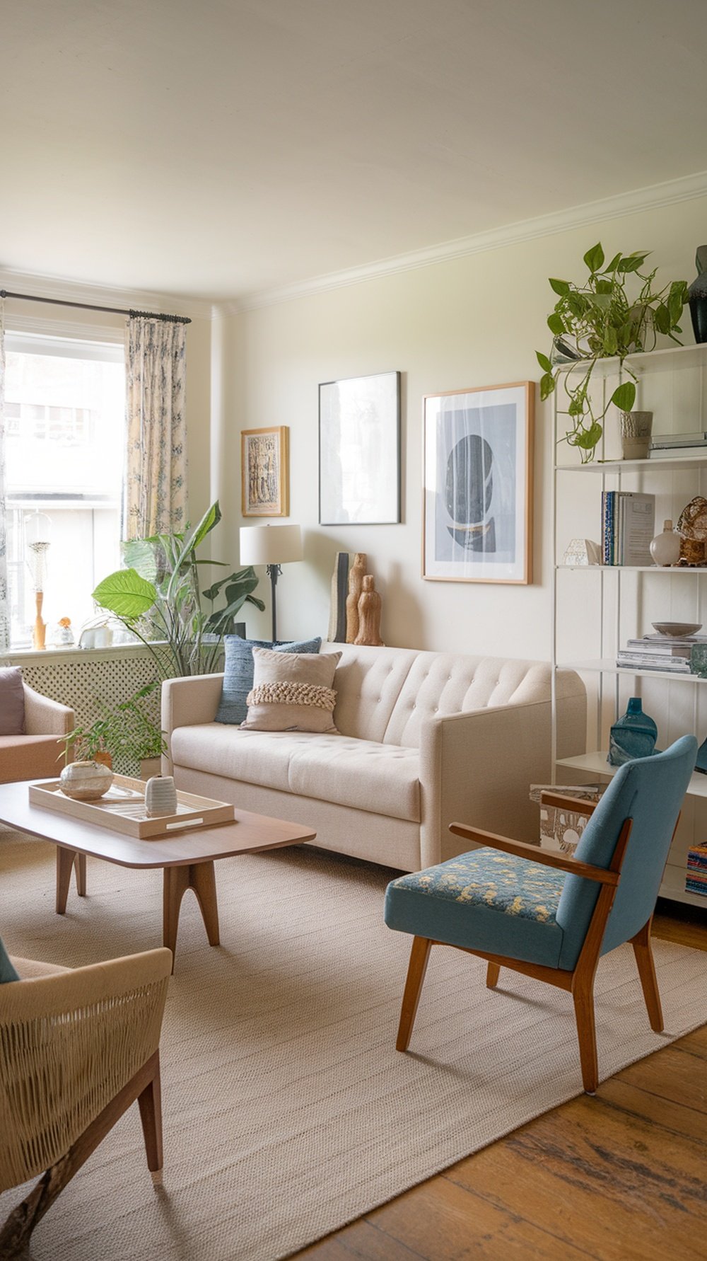 A cozy living room with a floating furniture arrangement featuring a light-colored sofa, accent chairs, and plants.