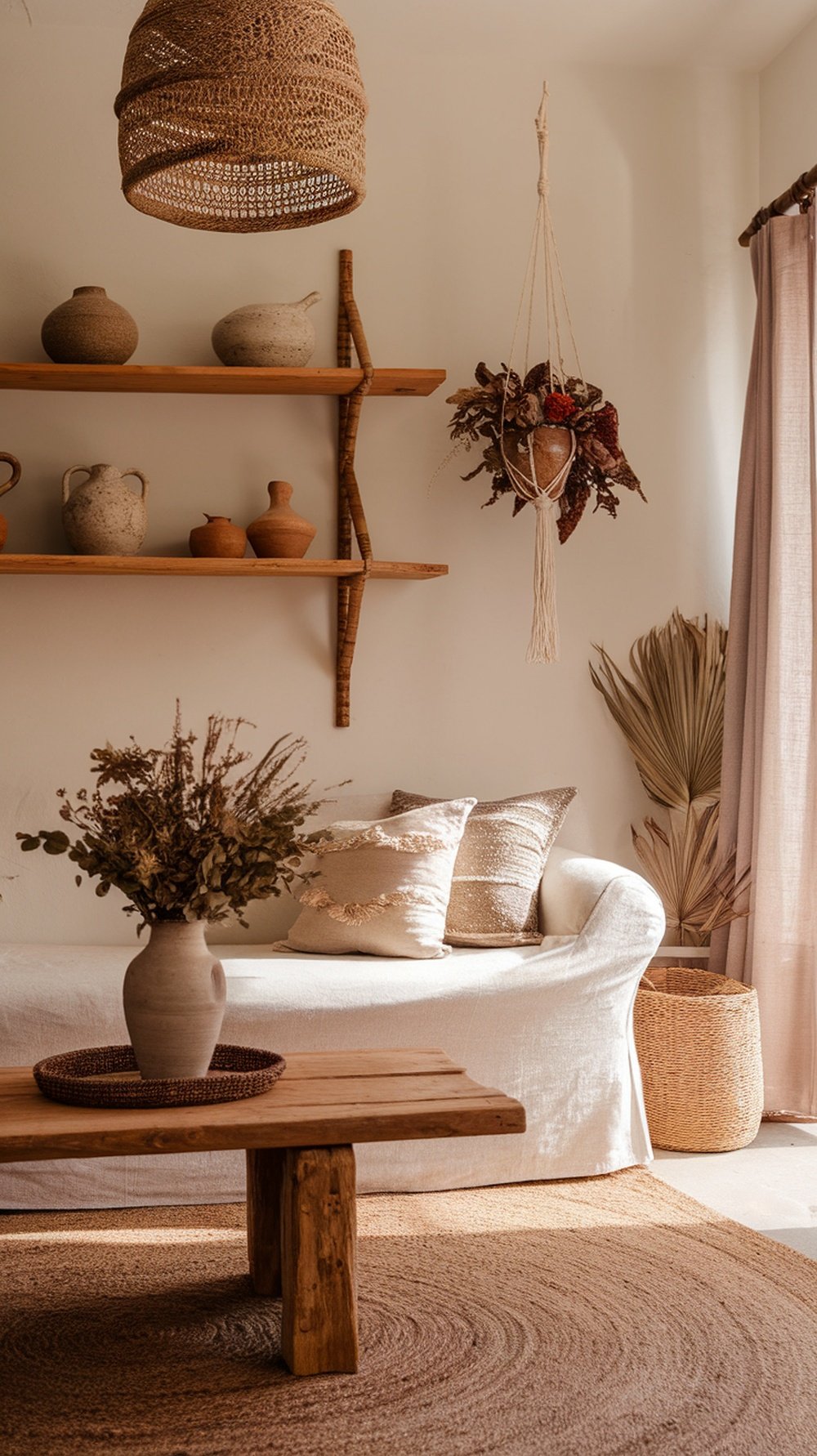 A cozy boho living room with reclaimed wood furniture and linen sofas.
