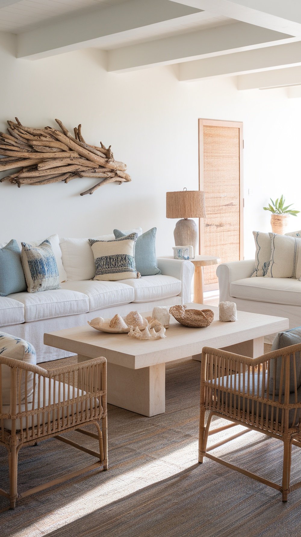 Cozy boho living room with white linen sofas and seashell decor.