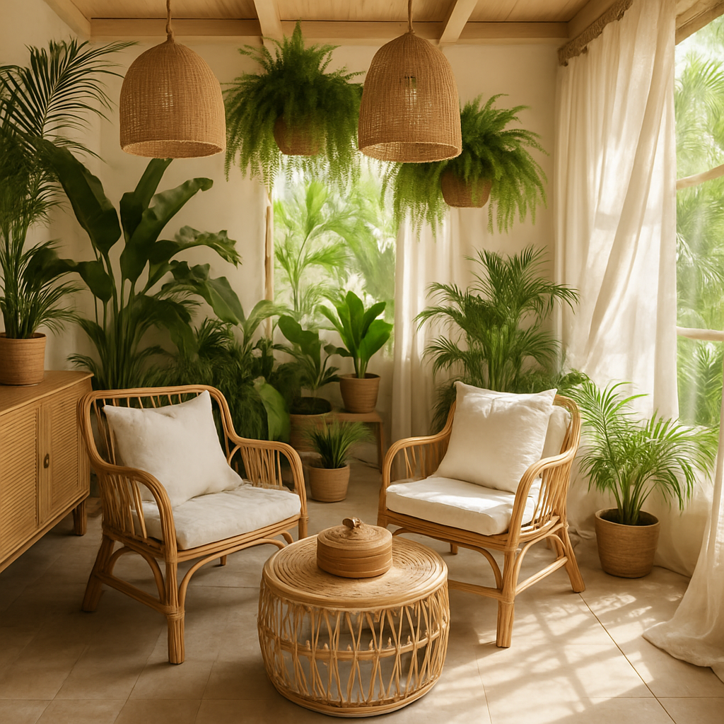 A cozy living room featuring Scandinavian and boho design elements.