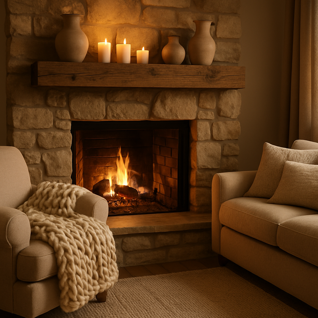 Cozy boho living room with a fireplace, chunky knit blankets, and candles.