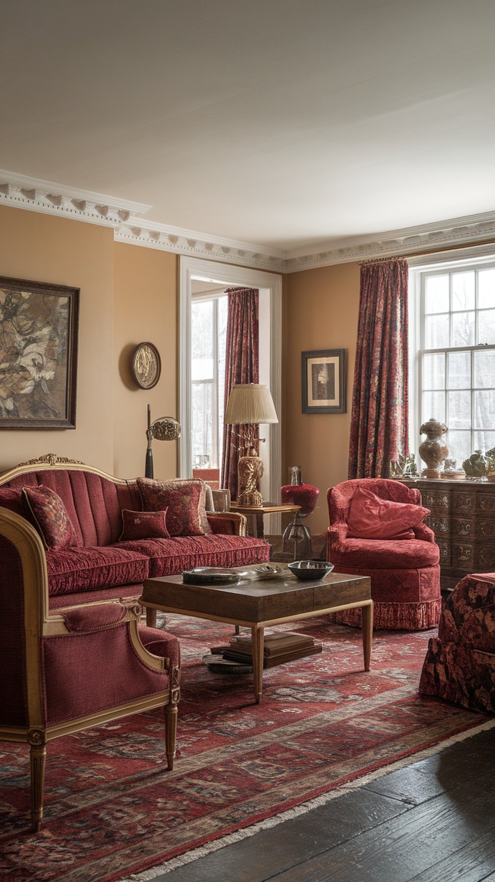 A traditional living room featuring rich red upholstery, a wooden coffee table, and elegant decor.