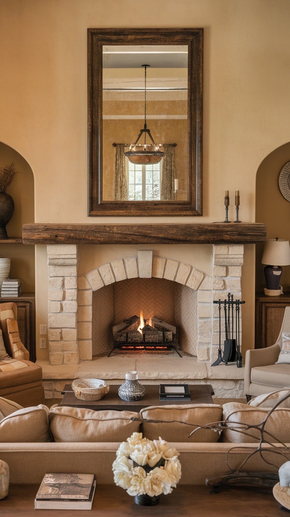 A cozy living room featuring a fireplace with a rustic mantel, a large mirror above it, and comfortable seating arranged for conversation.