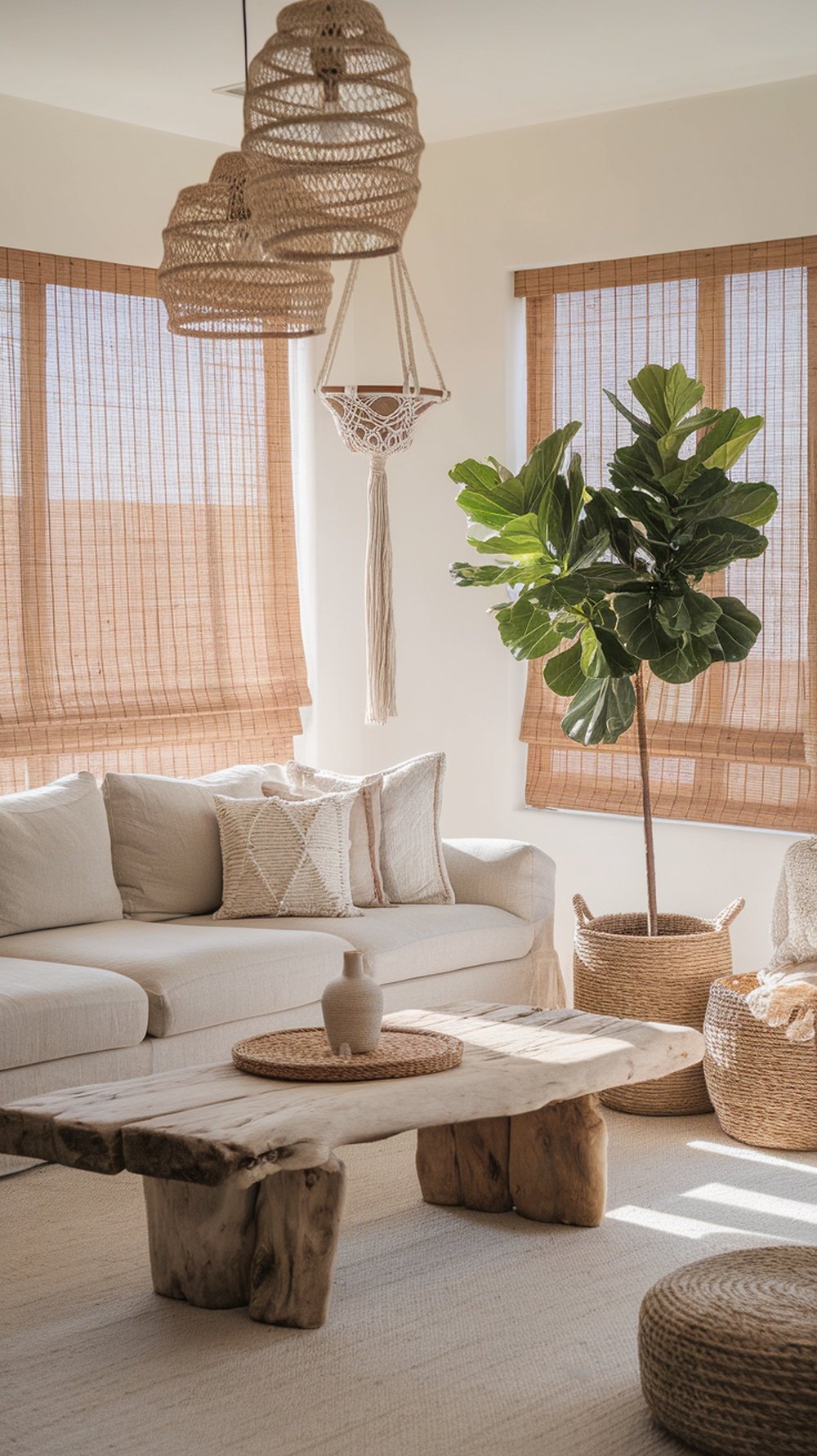 Cozy boho living room with driftwood coffee table and jute pendant lamps