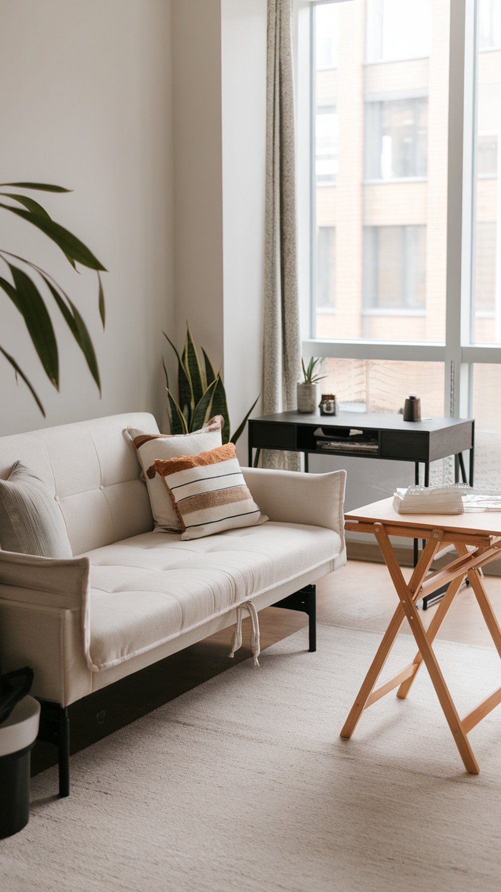 A cozy living room with an orange sofa, a red side table, and natural light from the window.
