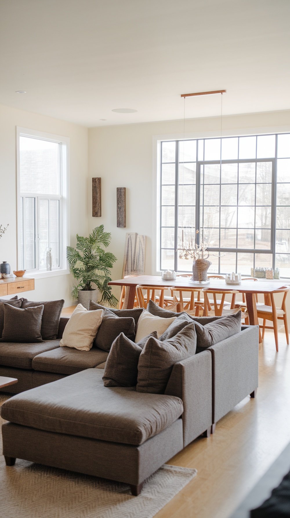 Cozy open concept living room with a sectional sofa and dining area