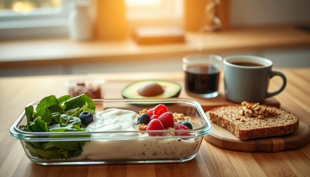 A beautifully arranged breakfast scene, featuring an assortment of protein-packed, low-calorie dishes ideal for meal prep. In the foreground, a neatly divided meal prep container displays scrambled egg whites with spinach, Greek yogurt with mixed berries, and a small serving of overnight oats topped with nuts. The middle ground includes a wooden cutting board with sliced avocado and whole grain toast, alongside a steaming cup of black coffee. The background softly blurs out with a well-lit kitchen setting, showcasing bright, natural light filtering through a window. The overall mood is warm and inviting, emphasizing a healthy yet enjoyable start to the day, perfect for busy mornings. The image should be shot from a top-down angle, allowing all elements to be clearly visible, ensuring a professional and enticing look.