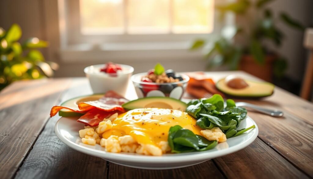 A beautifully arranged breakfast scene on a rustic wooden table, featuring a protein-packed meal. In the foreground, focus on a vibrant plate of scrambled egg whites with fresh spinach, accompanied by slices of avocado and a side of turkey bacon. In the middle, place a small bowl of Greek yogurt topped with mixed berries and a sprinkle of granola. The background shows a softly blurred natural setting with hints of greenery and warm morning light streaming through a window, creating a cozy atmosphere. Use a shallow depth of field to highlight the food items, with soft, diffused lighting that enhances the colors and textures. Capture the essence of healthy, low-calorie breakfasts with a warm, inviting mood.