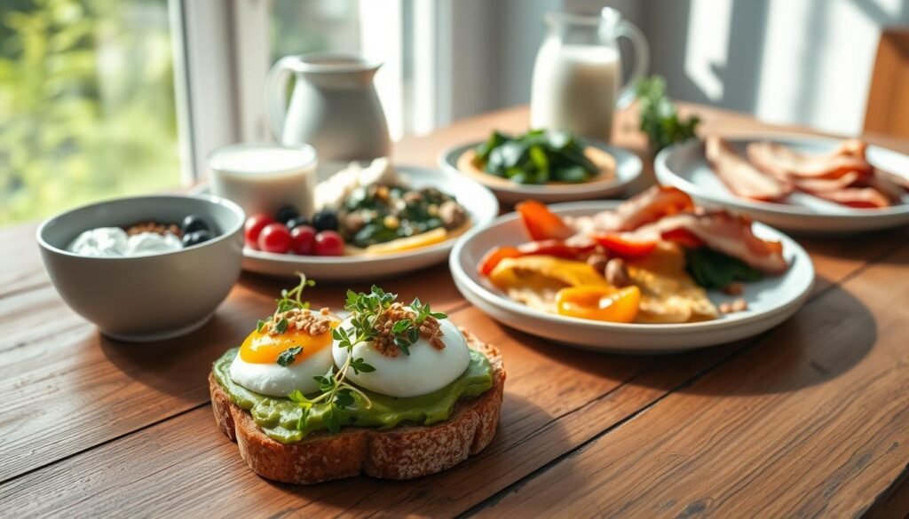 A beautifully arranged high-protein breakfast spread on a rustic wooden table, showcasing a variety of dishes. In the foreground, a vibrant avocado toast topped with poached eggs and microgreens, alongside a small bowl of Greek yogurt with fresh berries and a sprinkle of granola. In the middle, a plate of fluffy omelette filled with spinach and feta cheese, and a side of turkey bacon. In the background, a pitcher of almond milk and a few sprigs of fresh herbs create a lively atmosphere. The scene is well-lit by soft morning sunlight streaming in from a nearby window, casting delicate shadows. The overall mood is fresh, healthy, and inviting, emphasizing the importance of a nutritious start to the day.