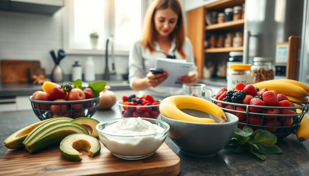 A modern, bright kitchen counter filled with an array of colorful, protein-packed ingredients for breakfast preparation. In the foreground, a wooden cutting board displays sliced avocado, Greek yogurt in a bowl, and a vibrant fruit medley including berries and bananas. In the middle, a person in a professional casual outfit, engaged in planning, leans over a notepad filled with recipe ideas, a smartphone with a timer app, and a measuring cup. The background showcases a well-organized pantry with jars of nuts, seeds, and a protein powder container. Soft, natural lighting filters through a window, creating a warm, inviting atmosphere, emphasizing a sense of health and motivation in meal preparation. A shallow depth of field draws focus on the breakfast components, enhancing the appeal of a nutritious start to the day.