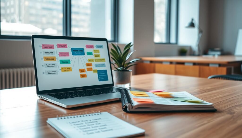 A modern office workspace featuring a sleek wooden desk with a laptop open, displaying a colorful keyword strategy mind map on the screen. In the foreground, a notepad and colorful sticky notes arranged neatly, highlighting essential keywords and internal linking plans. In the middle, an elegant indoor plant adds a touch of greenery to the setting. In the background, a large window lets in natural light, illuminating the workspace and creating a warm, inviting atmosphere. The mood is focused and productive, emphasizing the importance of strategy in digital marketing. The image features no people, allowing viewers to concentrate on the workspace setup and tools involved in the keyword strategy process.