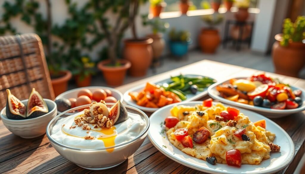 A vibrant Mediterranean-inspired breakfast spread, showcasing a variety of colorful dishes arranged artfully on a rustic wooden table. In the foreground, a bowl of Greek yogurt topped with fresh figs, honey, and a sprinkle of walnuts. Beside it, a plate of fluffy scrambled eggs infused with herbs like dill and parsley, garnished with cherry tomatoes. In the middle ground, a long serving platter featuring roasted sweet potatoes, olives, and a seasonal fruit salad with pomegranate seeds and citrus. The background hints at a sun-drenched terrace with climbing vines and terracotta pots, softly illuminated by warm morning sunlight. Capture this scene using a shallow depth of field to enhance the focus on the food while creating a warm, inviting atmosphere that embodies the essence of Mediterranean flavors, evoking a cheerful, fresh, and healthy morning vibe.