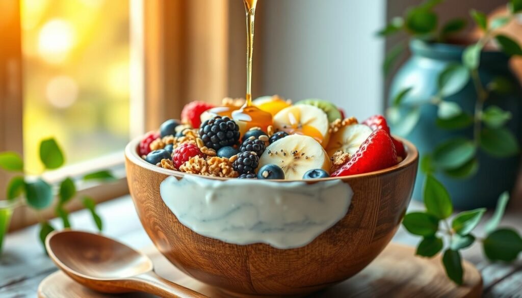 A vibrant and colorful breakfast protein bowl, artfully arranged in a rustic wooden bowl. The bowl is filled with a mix of Greek yogurt, topped with a variety of fresh fruits like berries, sliced banana, and kiwi, sprinkled with granola and chia seeds for texture. A drizzle of honey cascades over the top, adding a glossy sheen. The background features a softly blurred breakfast setting with natural light streaming in through a nearby window, highlighting the freshness of the ingredients. A wooden spoon rests beside the bowl, and a green plant adds a touch of organic warmth to the scene. The mood is bright, healthy, and inviting, perfect for a nutritious start to the day.