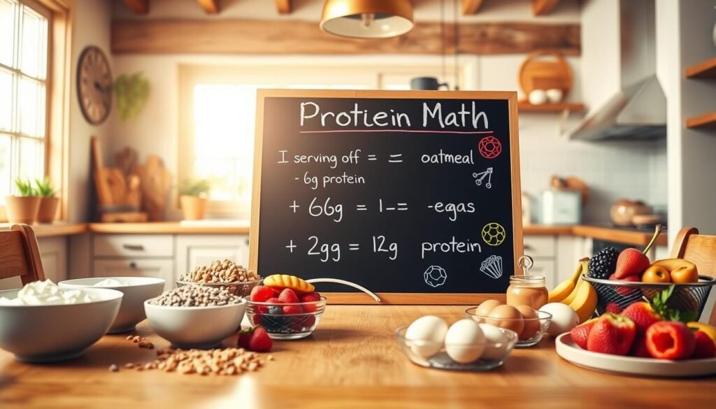 A vibrant, educational scene illustrating "protein math" in a cozy kitchen environment. In the foreground, a wooden table displays an array of healthy breakfast foods: bowls of Greek yogurt, chia seeds, peanut butter, and colorful fruits like berries and bananas. In the middle, a chalkboard with simple equations showcasing protein content—like “1 serving of oatmeal = 6g protein” and “2 eggs = 12g protein”—symbolizes easy calculations, adorned with colorful chalk drawings of proteins and nutrients. The background shows a sunny window allowing warm light to fill the space, creating a welcoming atmosphere. Capture this from a slightly elevated angle that emphasizes the table's spread and the chalkboard, evoking a sense of simplicity and ease in choosing protein-rich breakfasts.