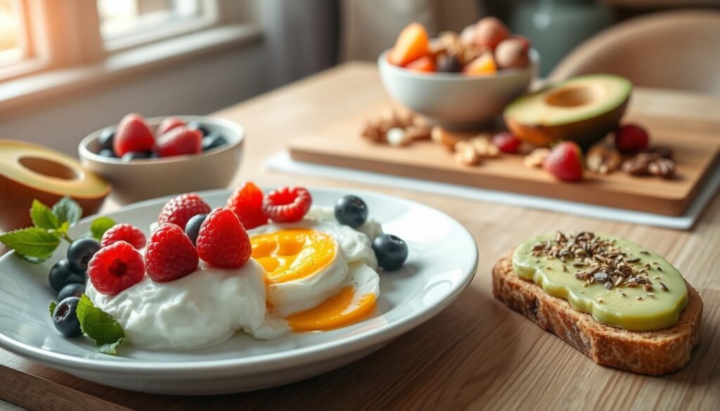 A vibrant, visually appealing breakfast scene featuring a colorful array of protein-packed foods. In the foreground, a neatly arranged plate displays poached eggs, Greek yogurt topped with mixed berries, and a slice of avocado toast sprinkled with seeds. The middle ground showcases a wooden table adorned with a bowl of oatmeal, mixed nuts, and fresh fruit, emphasizing healthy fats and fiber. In the background, soft natural light filters through a window, casting a warm glow over the scene, enhancing the fresh and inviting atmosphere. Use a shallow depth of field to focus on the delicious breakfast items while gently blurring the background. The mood should be uplifting and energizing, perfect for a morning meal.