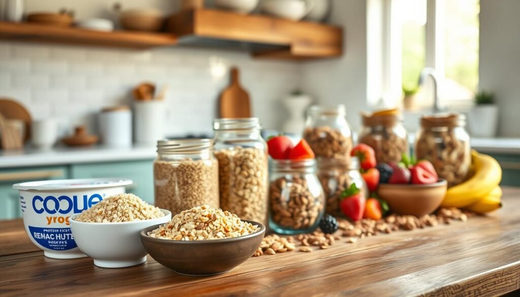 A visually striking kitchen scene showcasing various protein-rich breakfast ingredients lined up on a rustic wooden countertop. In the foreground, an array of colorful swaps for common breakfast items: a bowl of Greek yogurt, quinoa, chia seeds, egg whites, and almond butter. The middle section features elegant glass jars filled with nuts and seeds, alongside vibrant fruits like berries and bananas. In the background, soft morning light filters through a window, illuminating the kitchen's pastel color scheme, creating a warm and inviting atmosphere. Use a shallow depth of field to focus on the ingredients, ensuring their textures and colors stand out. The scene conveys a feeling of health, vitality, and creativity in breakfast preparation.