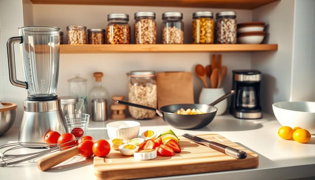 A well-organized kitchen countertop in warm natural light, showcasing essential breakfast tools and utensils. In the foreground, a sleek blender, measuring cups, and a whisk are arranged neatly. The middle layer features a polished cutting board with fresh fruits and protein-packed ingredients like eggs and Greek yogurt, alongside a stylish frying pan and spatula. In the background, soft-focus shelves display colorful jars filled with oats, nuts, and seeds, along with a large bowl and a coffee maker. The composition has a bright and inviting atmosphere, evoking a sense of morning energy and healthy living. The angle is slightly overhead, providing a clear view of the tools while maintaining a cozy kitchen vibe. No text or distractions, just a focus on the breakfast essentials.