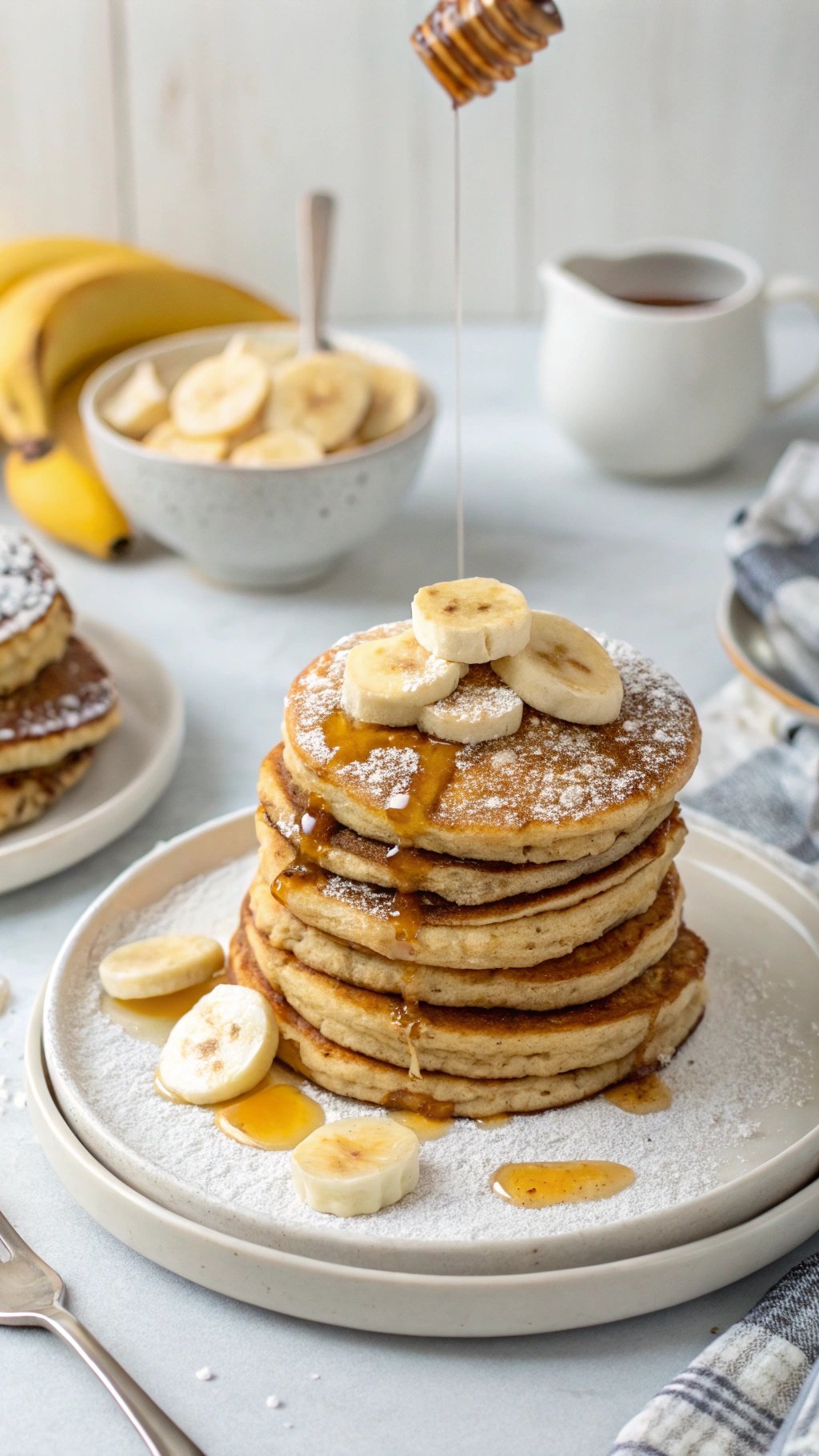 A stack of protein-rich banana pancakes topped with banana slices and syrup.