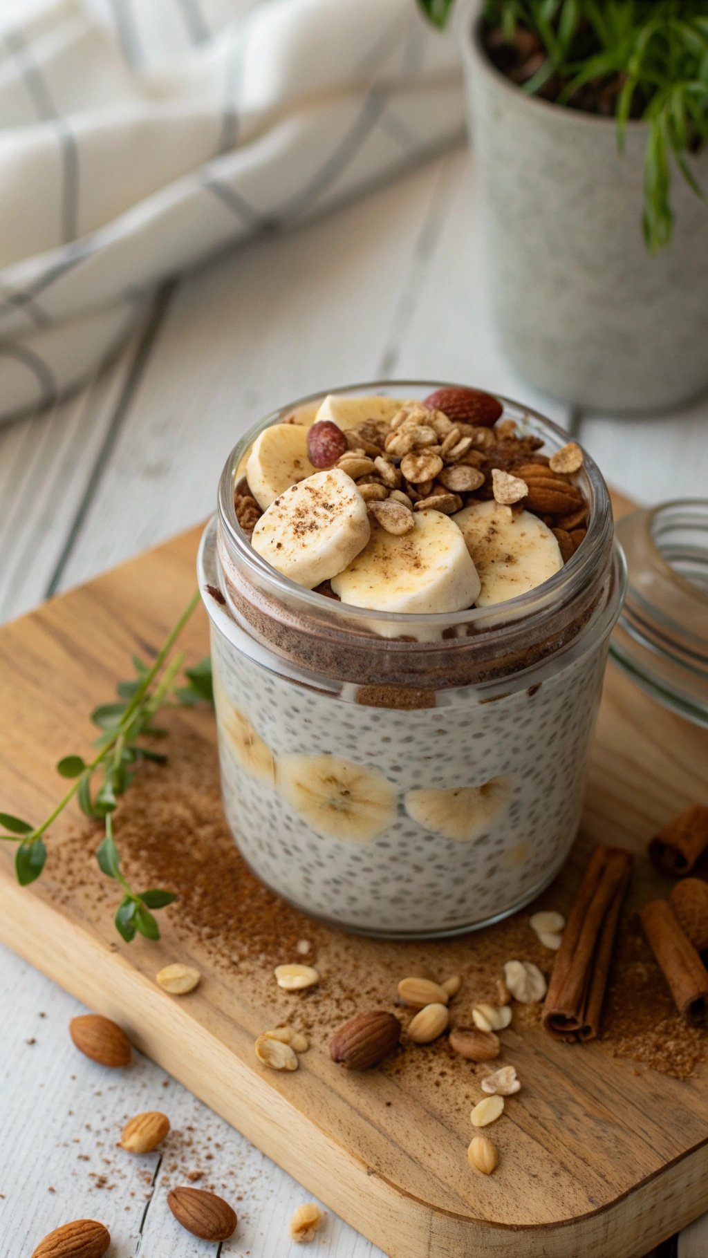 Chia seed pudding topped with banana slices and granola in a jar