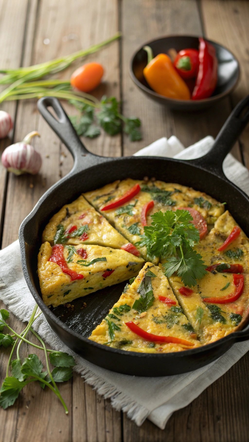 A veggie-loaded frittata with colorful vegetables in a cast iron skillet.