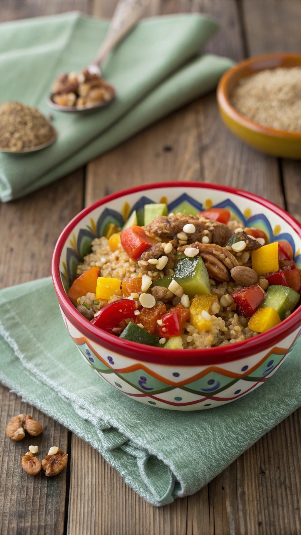 A colorful bowl of savory breakfast quinoa topped with vegetables and nuts.