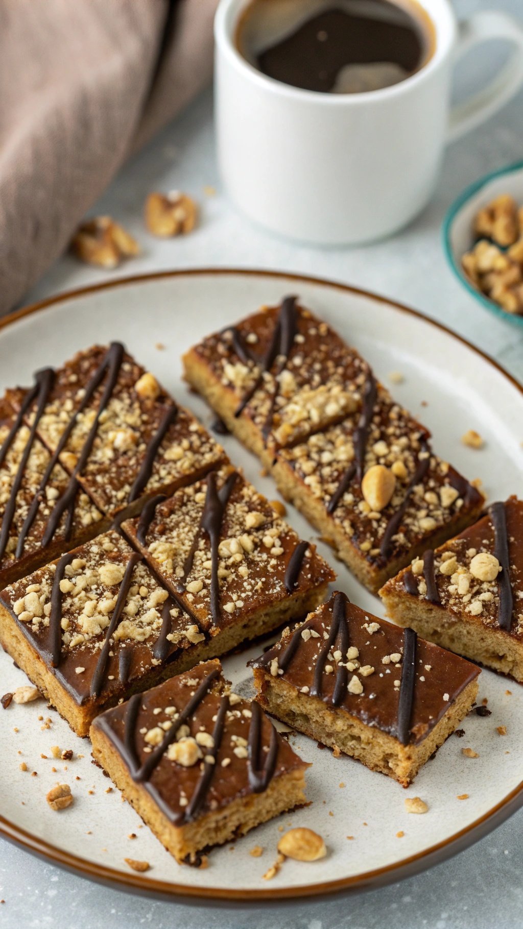 Homemade protein bars with chocolate drizzle and nuts on a plate