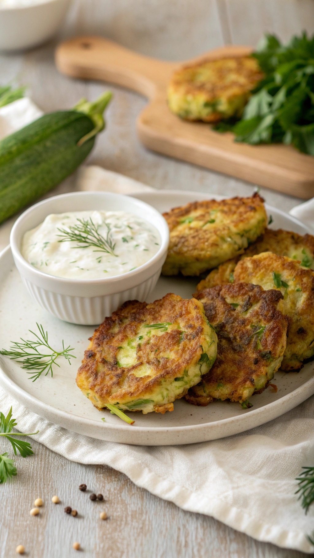 Zucchini fritters served with Greek yogurt dip on a plate