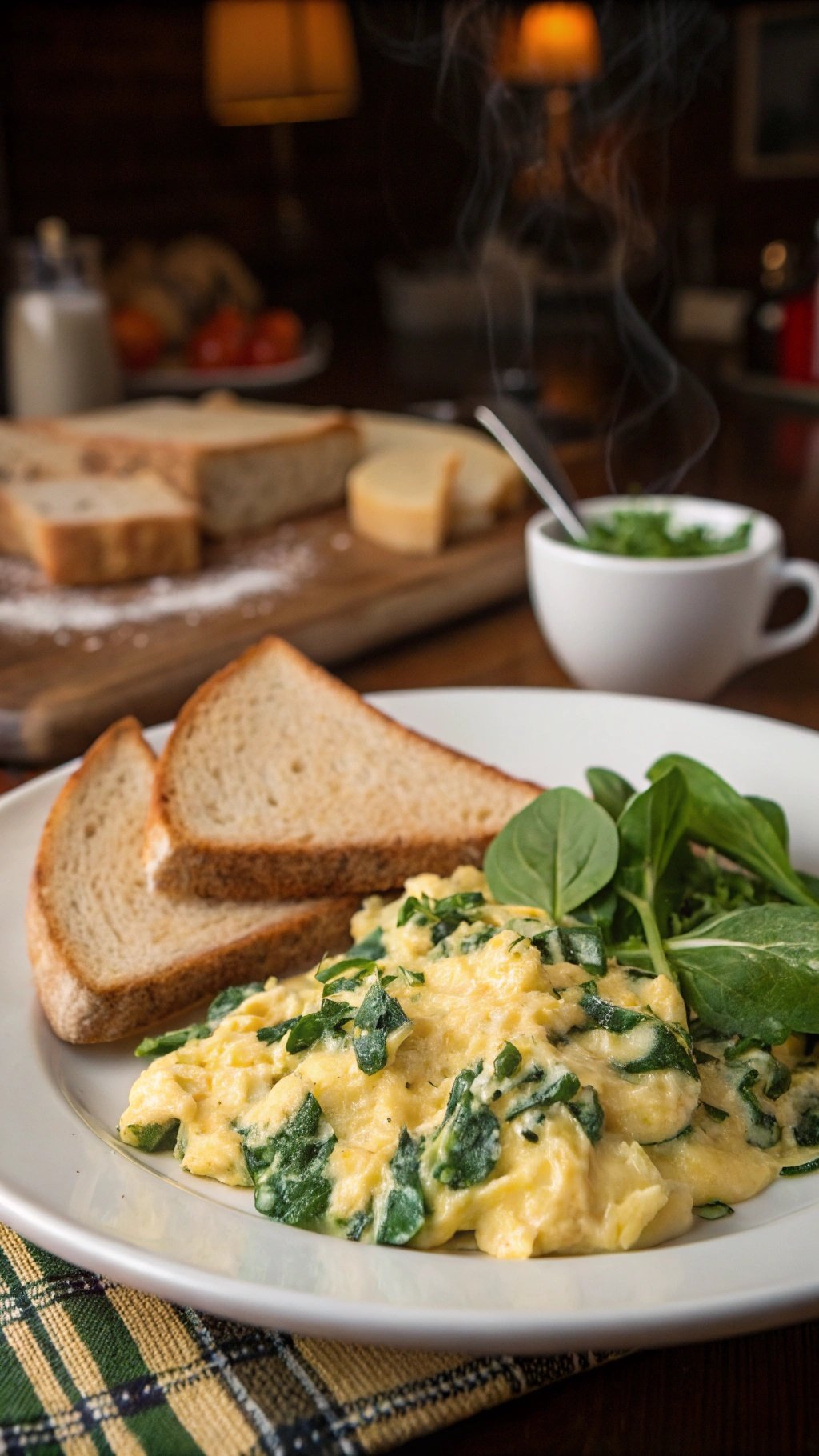 Plate of scrambled eggs with spinach and cheese, served with toast.