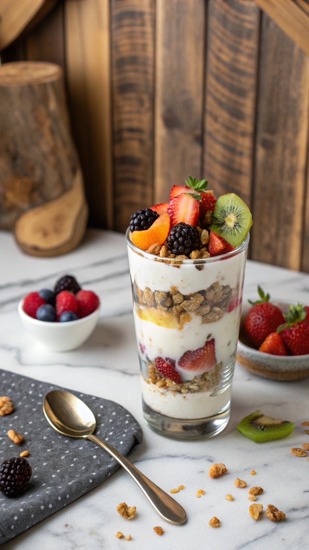 A delicious Greek yogurt parfait with fresh fruits and granola in a glass.