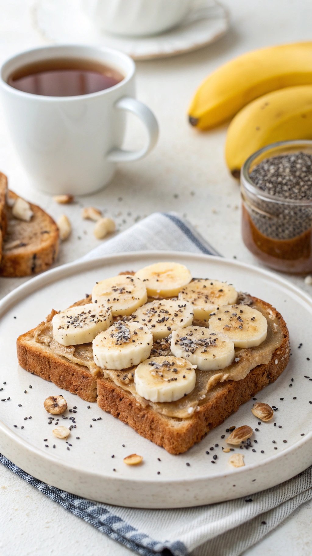 A plate of almond butter toast topped with banana slices and chia seeds, with a cup of tea and bananas in the background.