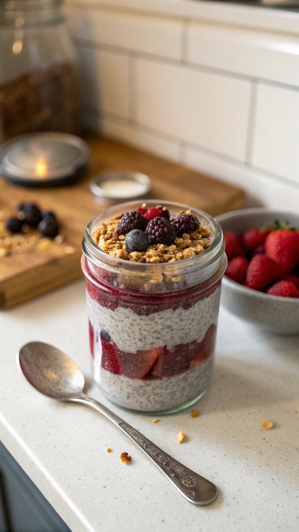 A jar of overnight protein chia seed pudding topped with berries and granola.