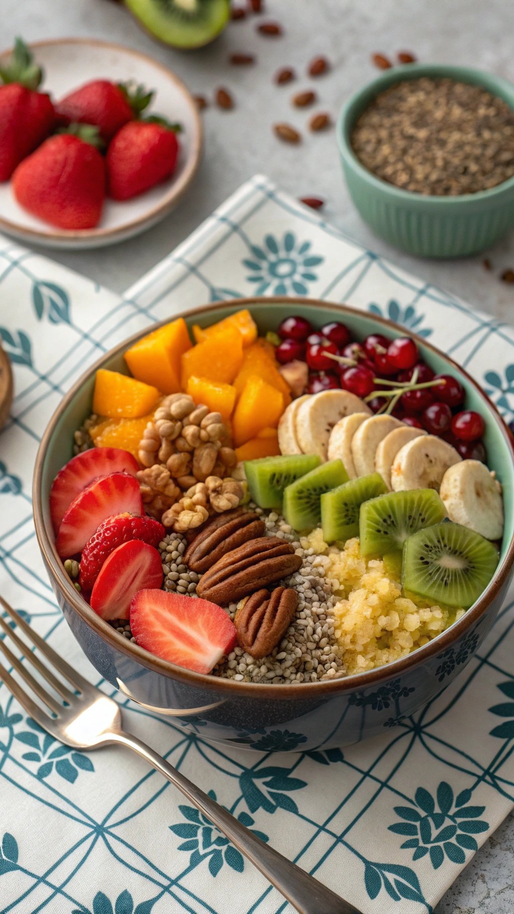 A colorful nutty quinoa breakfast bowl with fruits and nuts.