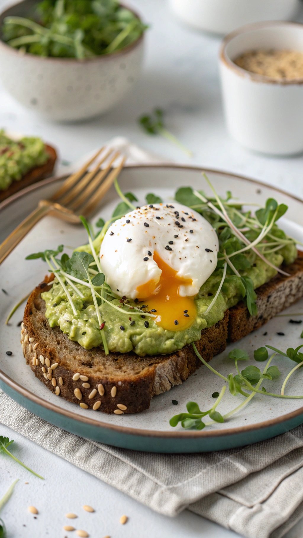 A plate of egg and avocado toast topped with microgreens and a poached egg.