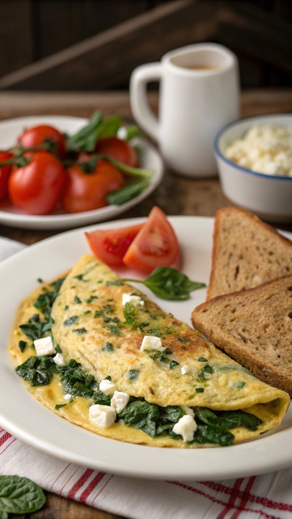 A delicious spinach and feta omelette served with tomatoes and toast.