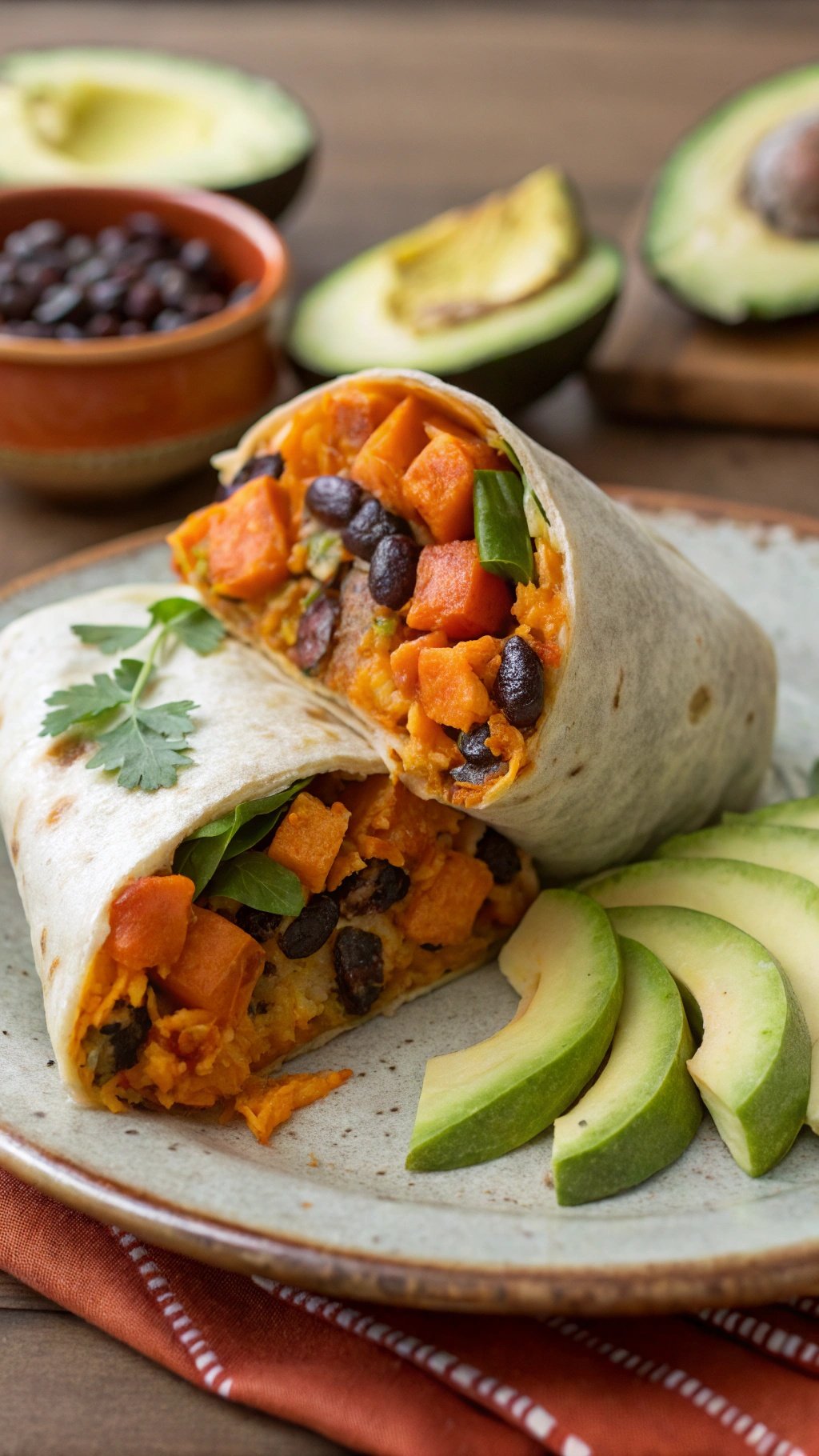Savory sweet potato and black bean breakfast burrito with avocado slices