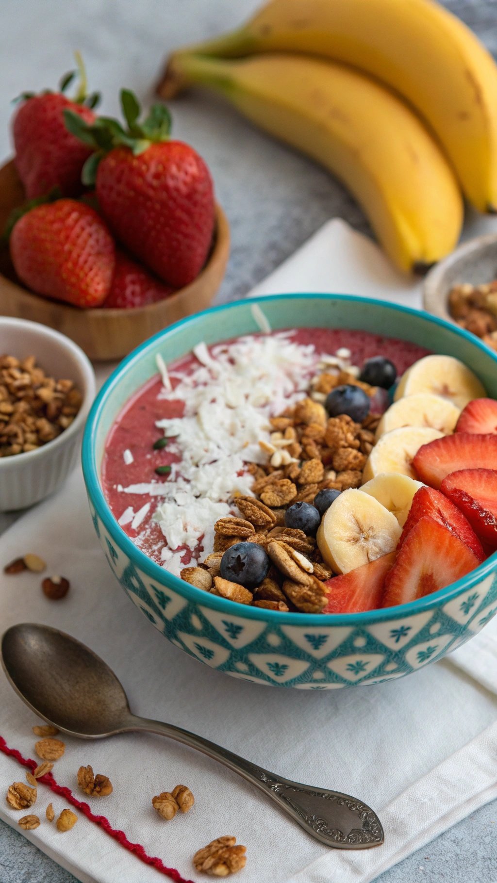A colorful smoothie bowl topped with sliced fruits, granola, and coconut.