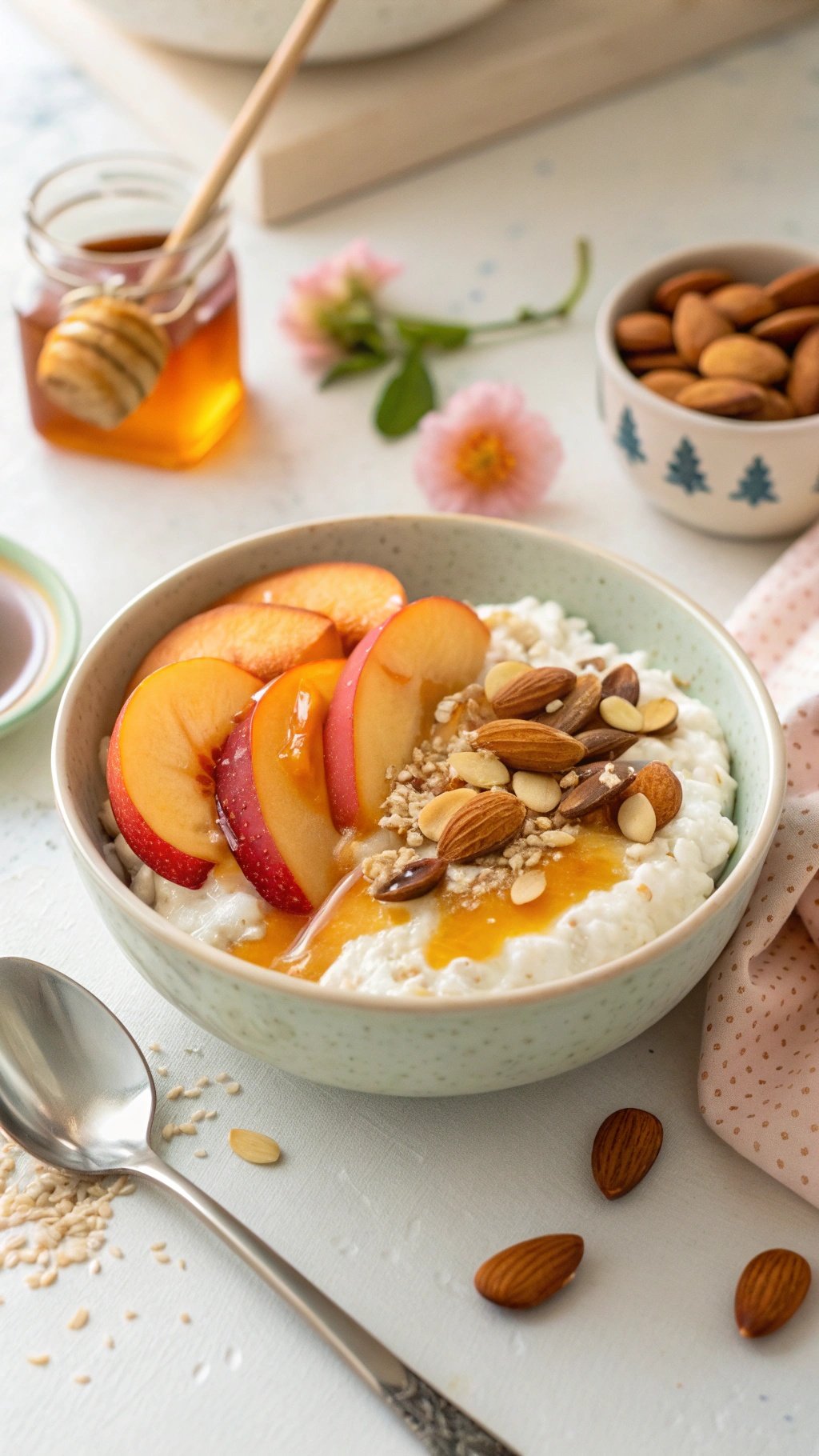 A bowl of cottage cheese topped with sliced peaches, nuts, and honey.