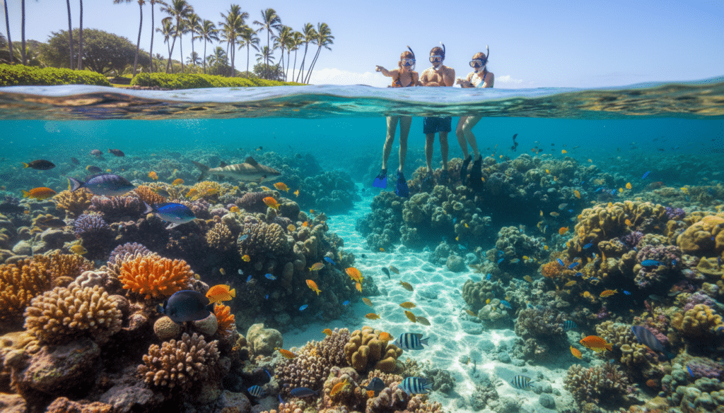 Snorkelers exploring a vibrant coral reef at Hanauma Bay