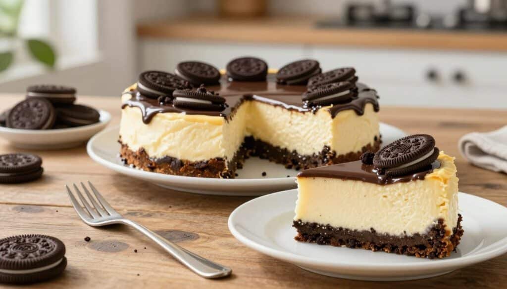 A beautifully arranged creamy bake Oreo cheesecake takes center stage on a rustic wooden table. The cheesecake features a smooth, velvety layer of cheesecake topped with rich, crumbled Oreo pieces, delicately drizzled with a glossy chocolate sauce. In the foreground, a slice of cheesecake is cut and partially plated on a classic white dessert plate, showcasing the creamy texture and contrasting layers. The middle ground includes a small bowl of whole Oreos, adding texture and detail. Soft, natural light filters in from the side, creating a warm, inviting atmosphere that highlights the dessert's rich colors. In the background, a blurred kitchen setting with a hint of greenery adds a homely touch, evoking a sense of comfort and indulgence. The overall mood is cozy and delicious, perfect for enticing viewers to try making this easy dessert. A beautifully arranged creamy bake Oreo cheesecake takes center stage on a rustic wooden table. The cheesecake features a smooth, velvety layer of cheesecake topped with rich, crumbled Oreo pieces, delicately drizzled with a glossy chocolate sauce. In the foreground, a slice of cheesecake is cut and partially plated on a classic white dessert plate, showcasing the creamy texture and contrasting layers. The middle ground includes a small bowl of whole Oreos, adding texture and detail. Soft, natural light filters in from the side, creating a warm, inviting atmosphere that highlights the dessert's rich colors. In the background, a blurred kitchen setting with a hint of greenery adds a homely touch, evoking a sense of comfort and indulgence. The overall mood is cozy and delicious, perfect for enticing viewers to try making this easy dessert.