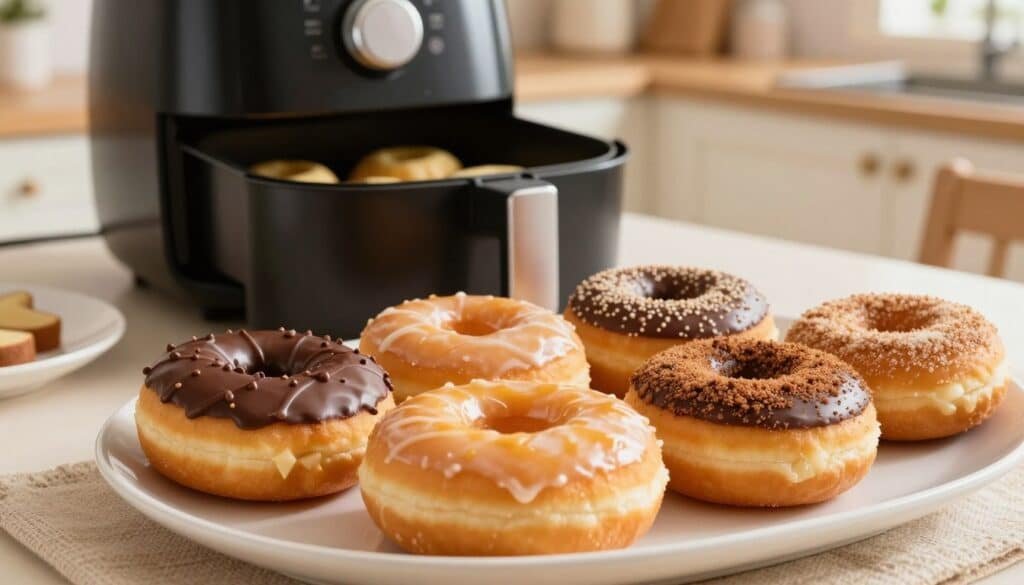 A beautifully arranged plate of freshly made air fryer donuts, featuring a variety of flavors and toppings such as classic glazed, chocolate frosted, and cinnamon sugar. In the foreground, a golden, fluffy donut glistens with warm glaze, while the middle ground showcases a small air fryer, with the lid open and a few raw batter donuts ready for cooking. The background captures a cozy, well-lit kitchen with wooden cabinetry and soft pastel colors, creating a warm atmosphere. Soft, natural lighting highlights the textures and colors of the donuts, evoking a sense of comfort and home. Close-up perspective, focusing on the details of the donuts' surfaces, enhancing the feeling of delight and indulgence. A beautifully arranged plate of freshly made air fryer donuts, featuring a variety of flavors and toppings such as classic glazed, chocolate frosted, and cinnamon sugar. In the foreground, a golden, fluffy donut glistens with warm glaze, while the middle ground showcases a small air fryer, with the lid open and a few raw batter donuts ready for cooking. The background captures a cozy, well-lit kitchen with wooden cabinetry and soft pastel colors, creating a warm atmosphere. Soft, natural lighting highlights the textures and colors of the donuts, evoking a sense of comfort and home. Close-up perspective, focusing on the details of the donuts' surfaces, enhancing the feeling of delight and indulgence.