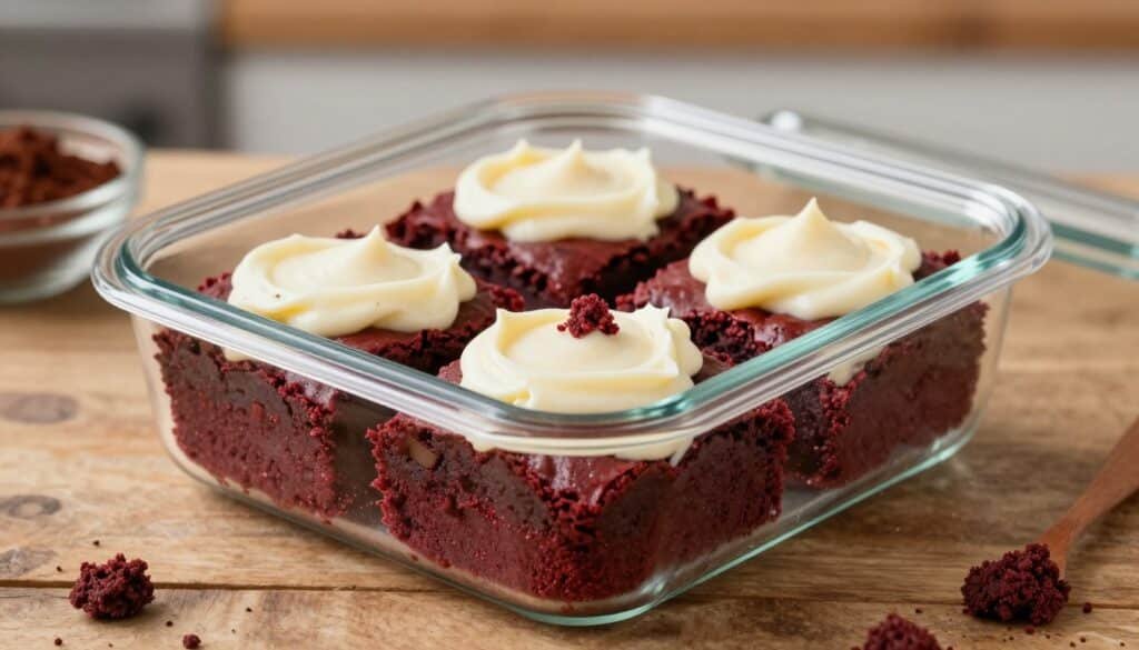 A beautifully arranged scene featuring red velvet brownies in a clear, airtight glass storage container, set on a rustic wooden table. The brownies, rich and fudgy with a vibrant red hue, are topped with a creamy cream cheese frosting, some slightly crumbly, showing the texture of the dessert. In the background, a softly blurred kitchen setting with warm lighting creates a cozy and inviting atmosphere. A few baking ingredients like cocoa powder and eggs are subtly visible on the side, hinting at the baking process. The image should be captured from a slight overhead angle, using natural light to highlight the brownies' glossy finish and intricate details, evoking a sense of home-baked comfort and indulgence. A beautifully arranged scene featuring red velvet brownies in a clear, airtight glass storage container, set on a rustic wooden table. The brownies, rich and fudgy with a vibrant red hue, are topped with a creamy cream cheese frosting, some slightly crumbly, showing the texture of the dessert. In the background, a softly blurred kitchen setting with warm lighting creates a cozy and inviting atmosphere. A few baking ingredients like cocoa powder and eggs are subtly visible on the side, hinting at the baking process. The image should be captured from a slight overhead angle, using natural light to highlight the brownies' glossy finish and intricate details, evoking a sense of home-baked comfort and indulgence.